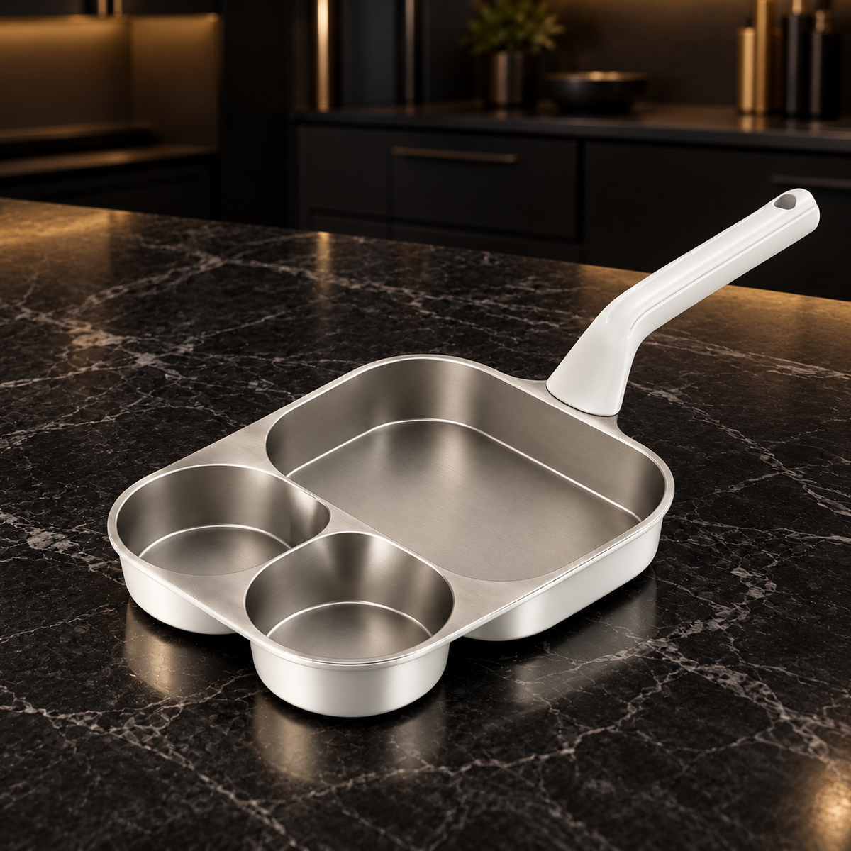 Three-Section Titanium Breakfast Pan on charcoal marble
