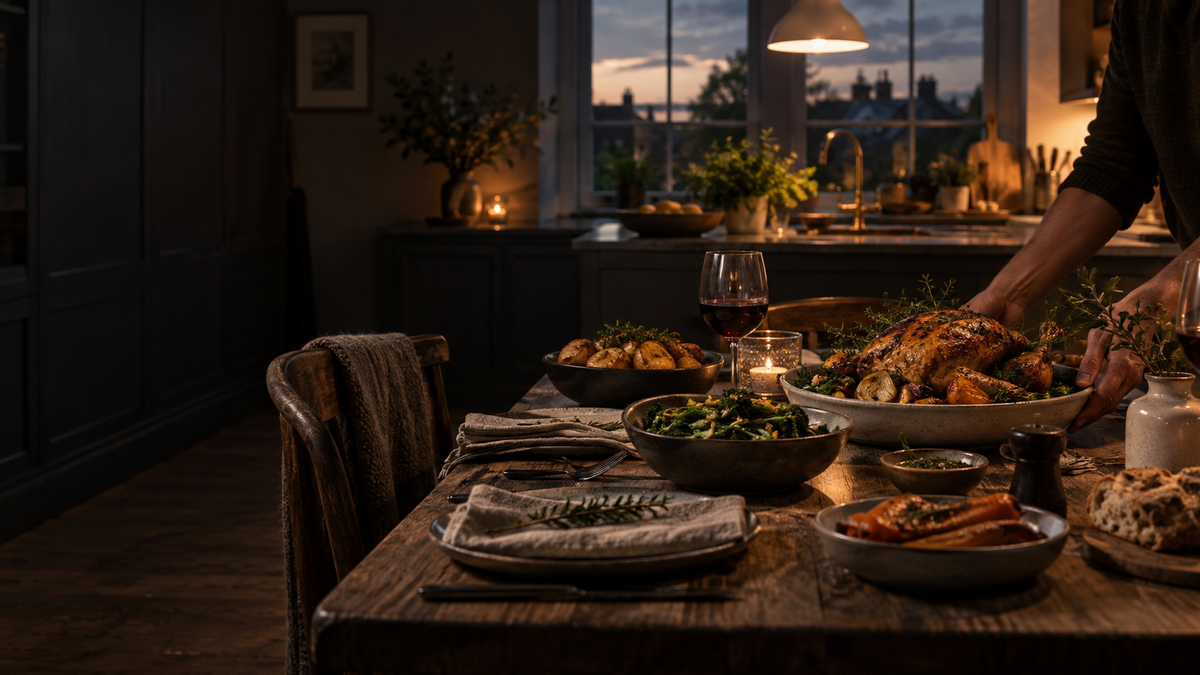 A warmly lit family meal in a home kitchen
